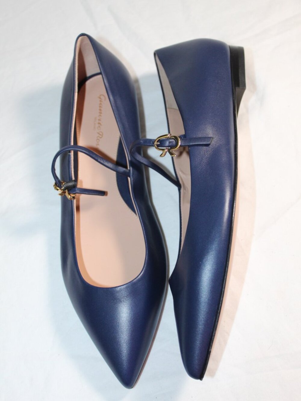NEW Gianvito Rossi Blue Leather Pointed Toe Mary Jane Flats Slender Strap 39